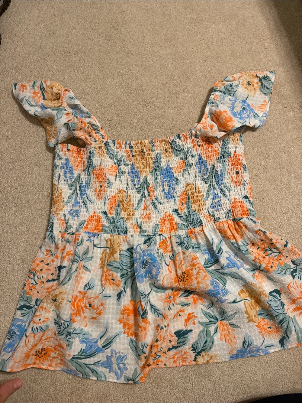 LOFT Cream Floral Smocked Peplum Top with Orange & Blue Flowers